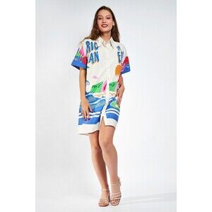 Farm Rio De Janeiro Shirt Tunic Top Printed Buttondown White Cotton L New 285734